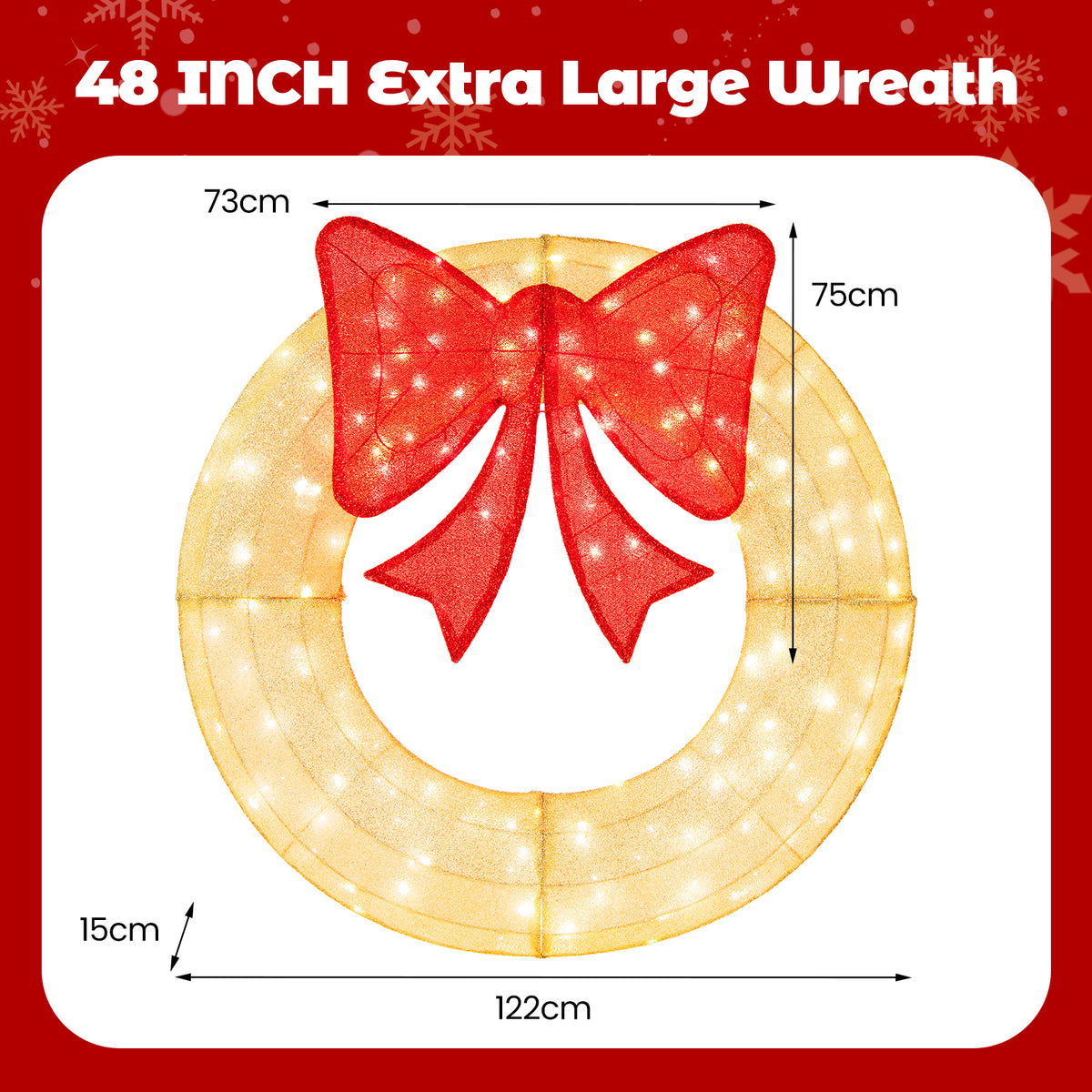 122 CM Pre-Lit Christmas Festival Mesh Wreath w/ 200 LED Bulbs Xmas Decorations