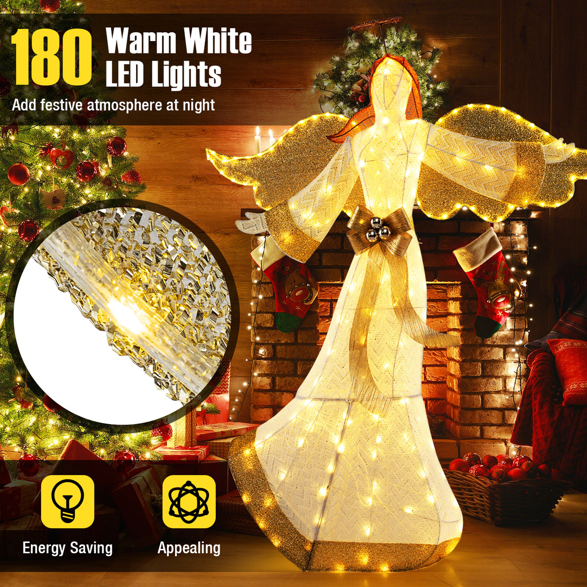 160CM Christmas Pre-Lit Angel, Outdoor Lighted Angel w/ Halo