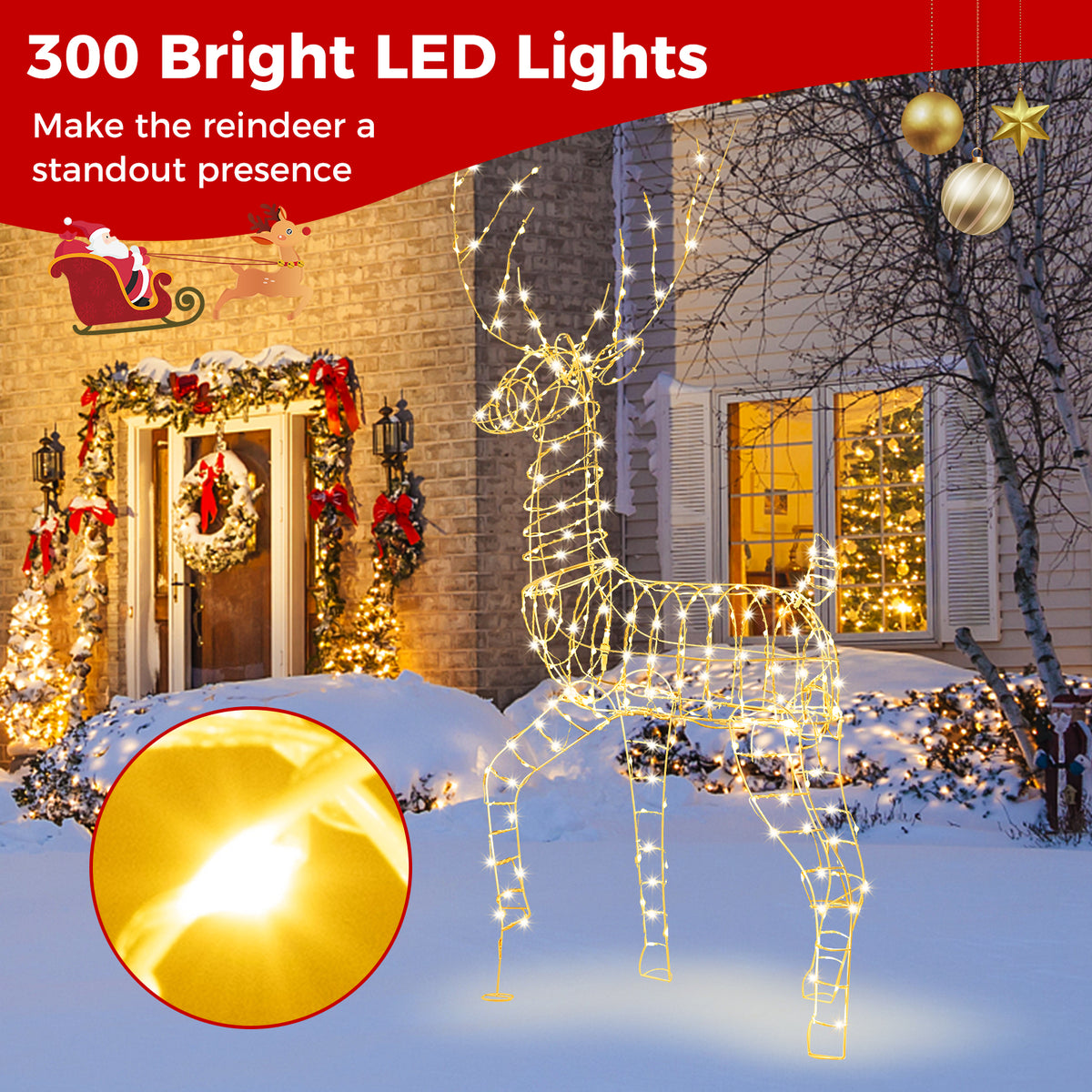 180CM Pre-Lit Christmas Reindeer, 3D Buck Xmas Decoration with 300 Warm White LED Lights