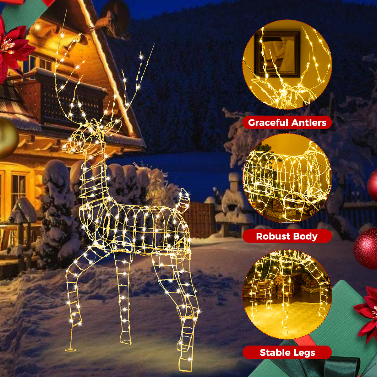 180CM Pre-Lit Christmas Reindeer, 3D Buck Xmas Decoration with 300 Warm White LED Lights