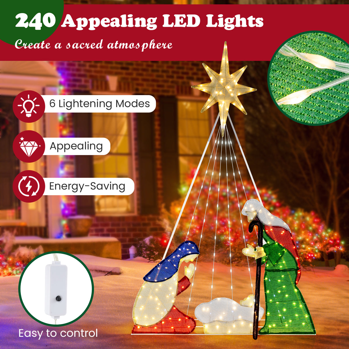 180CM Lighted Nativity Scene, Holy Family Set Christmas Decoration with 240 LED Lights