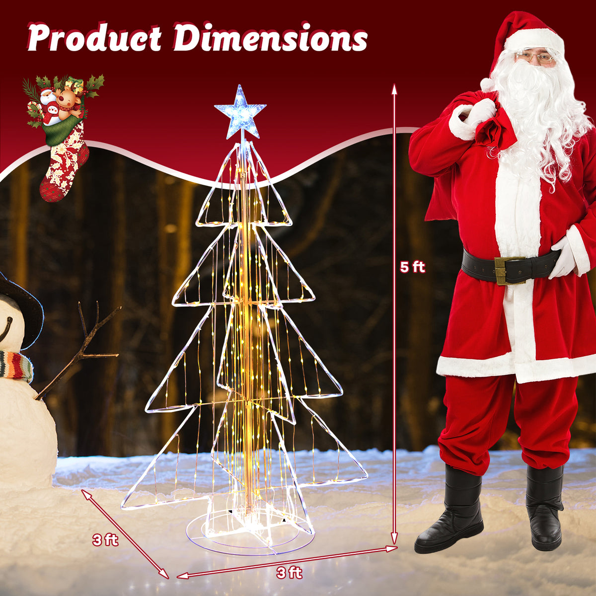 152CM Animated Christmas Tree, Pre-Lit Festive Tree w/ 252 Warm & 202 Cold LED Lights, Zip Ties & Stakes Included, Indoor Outdoor Lighted Christmas Cone Tree