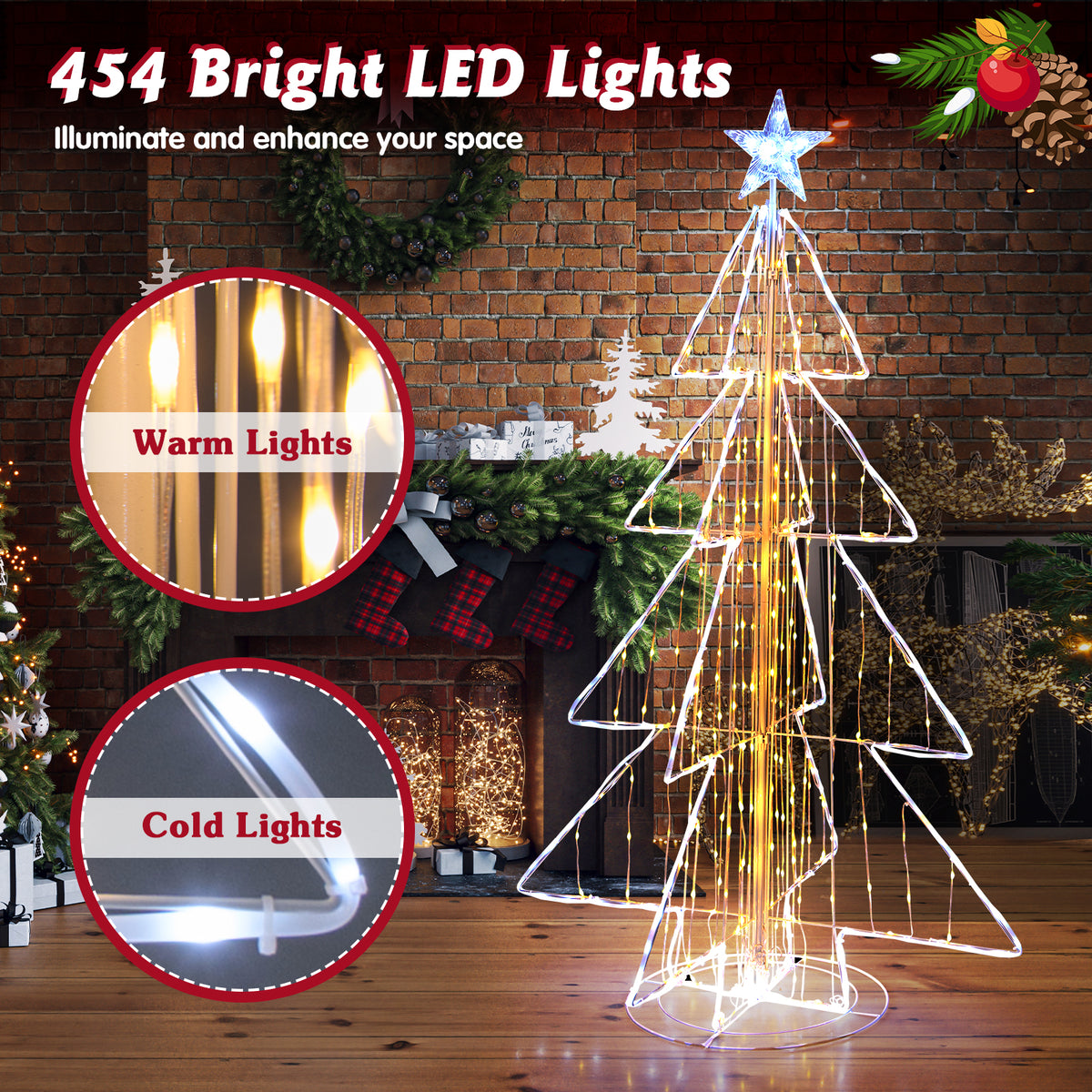 152CM Animated Christmas Tree, Pre-Lit Festive Tree w/ 252 Warm & 202 Cold LED Lights, Zip Ties & Stakes Included, Indoor Outdoor Lighted Christmas Cone Tree