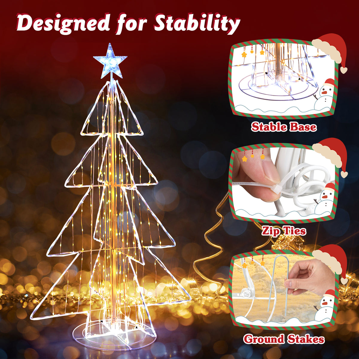 152CM Animated Christmas Tree, Pre-Lit Festive Tree w/ 252 Warm & 202 Cold LED Lights, Zip Ties & Stakes Included, Indoor Outdoor Lighted Christmas Cone Tree