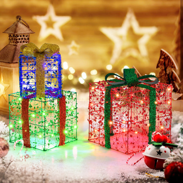 Christmas Lighted Gift Boxes, Set of 3 Present Boxes with Pre-Made Bow & Flashing Colorful LED Lights