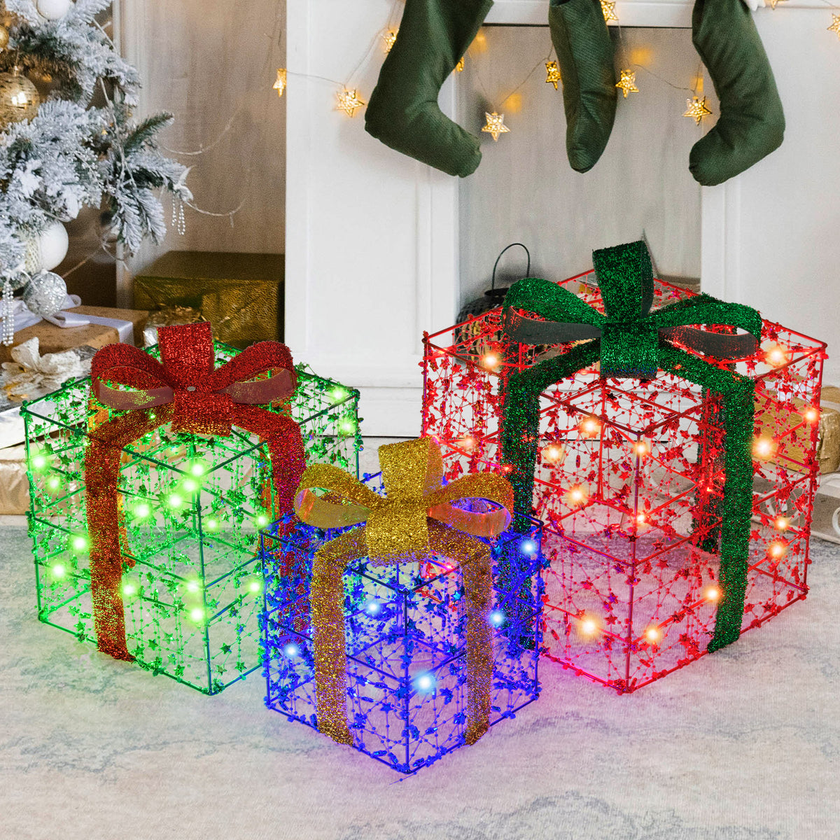 Christmas Lighted Gift Boxes, Set of 3 Present Boxes with Pre-Made Bow & Flashing Colorful LED Lights