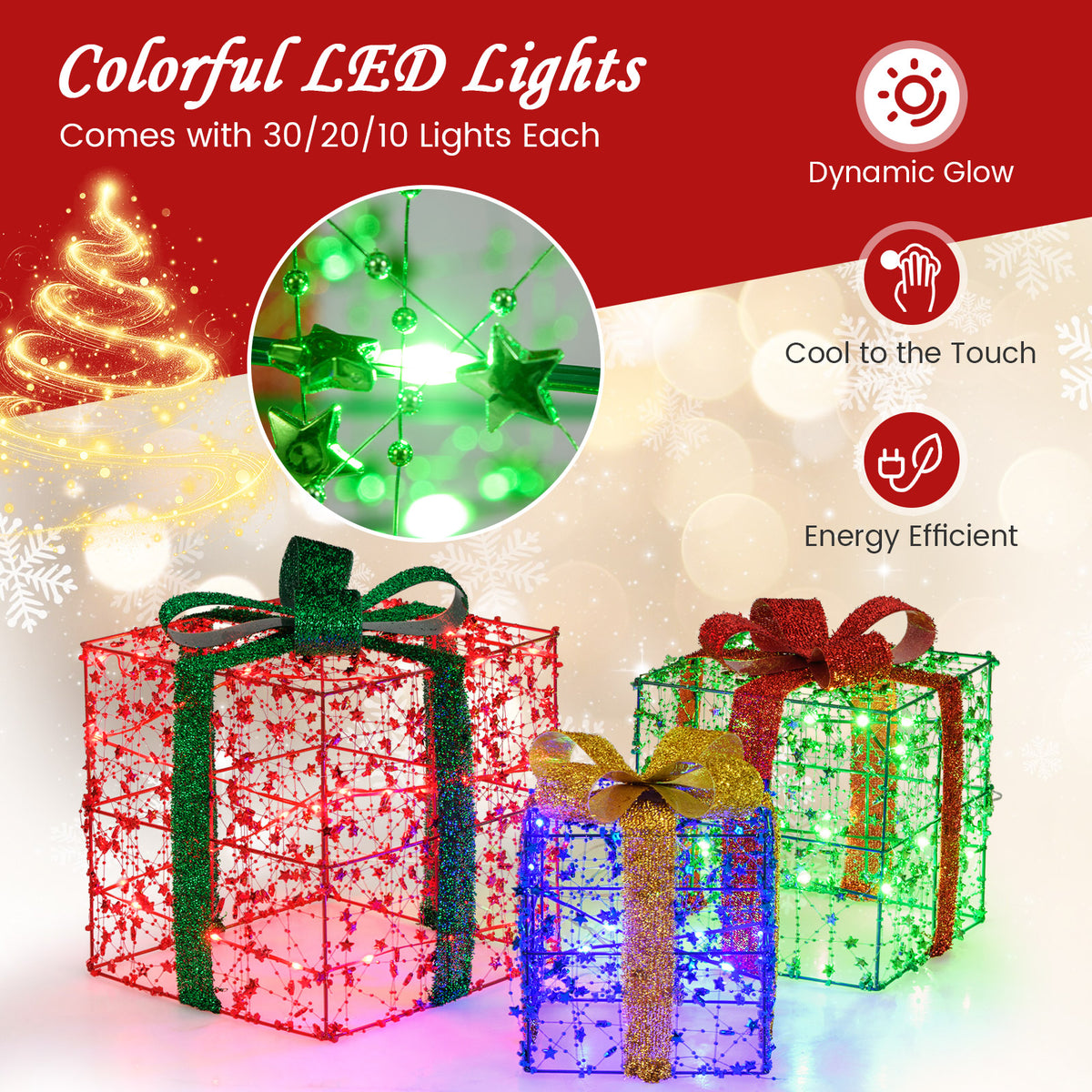 Christmas Lighted Gift Boxes, Set of 3 Present Boxes with Pre-Made Bow & Flashing Colorful LED Lights