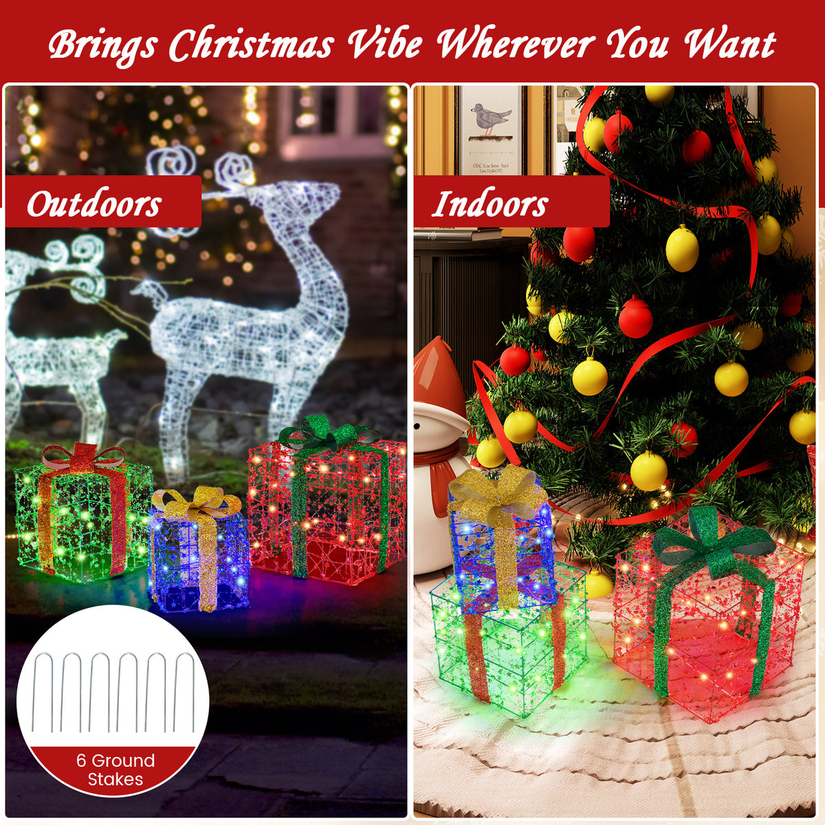 Christmas Lighted Gift Boxes, Set of 3 Present Boxes with Pre-Made Bow & Flashing Colorful LED Lights