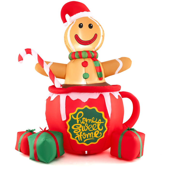 210CM Inflatable Gingerbread Man in Hot Cocoa Mug, Xmas Blow up Yard Decoration with Built-in LED Lights