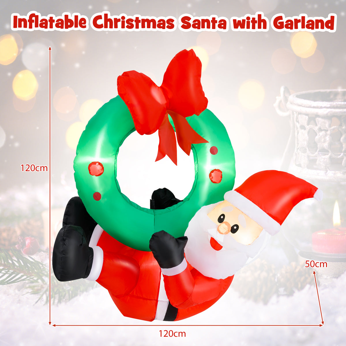 120 CM Inflatable Santa Claus Wreath, Christmas Pre-Lit Santa & Wreath w/ Red Bow & 5 LED Lights
