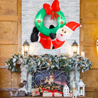 120 CM Inflatable Santa Claus Wreath, Christmas Pre-Lit Santa & Wreath w/ Red Bow & 5 LED Lights