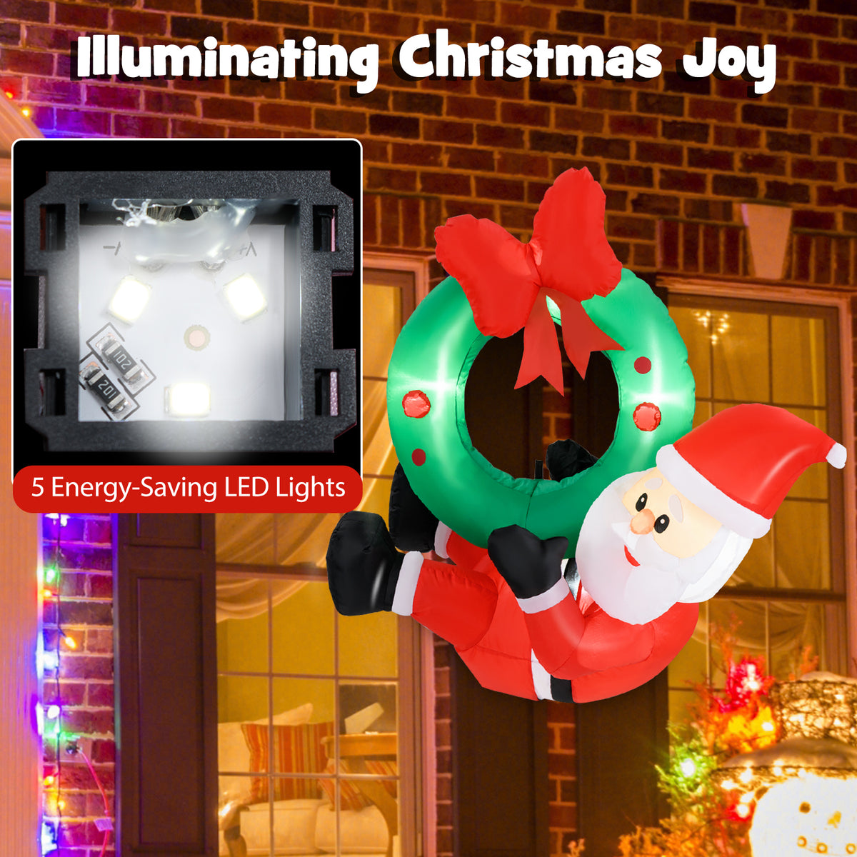 120 CM Inflatable Santa Claus Wreath, Christmas Pre-Lit Santa & Wreath w/ Red Bow & 5 LED Lights