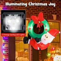 120 CM Inflatable Santa Claus Wreath, Christmas Pre-Lit Santa & Wreath w/ Red Bow & 5 LED Lights