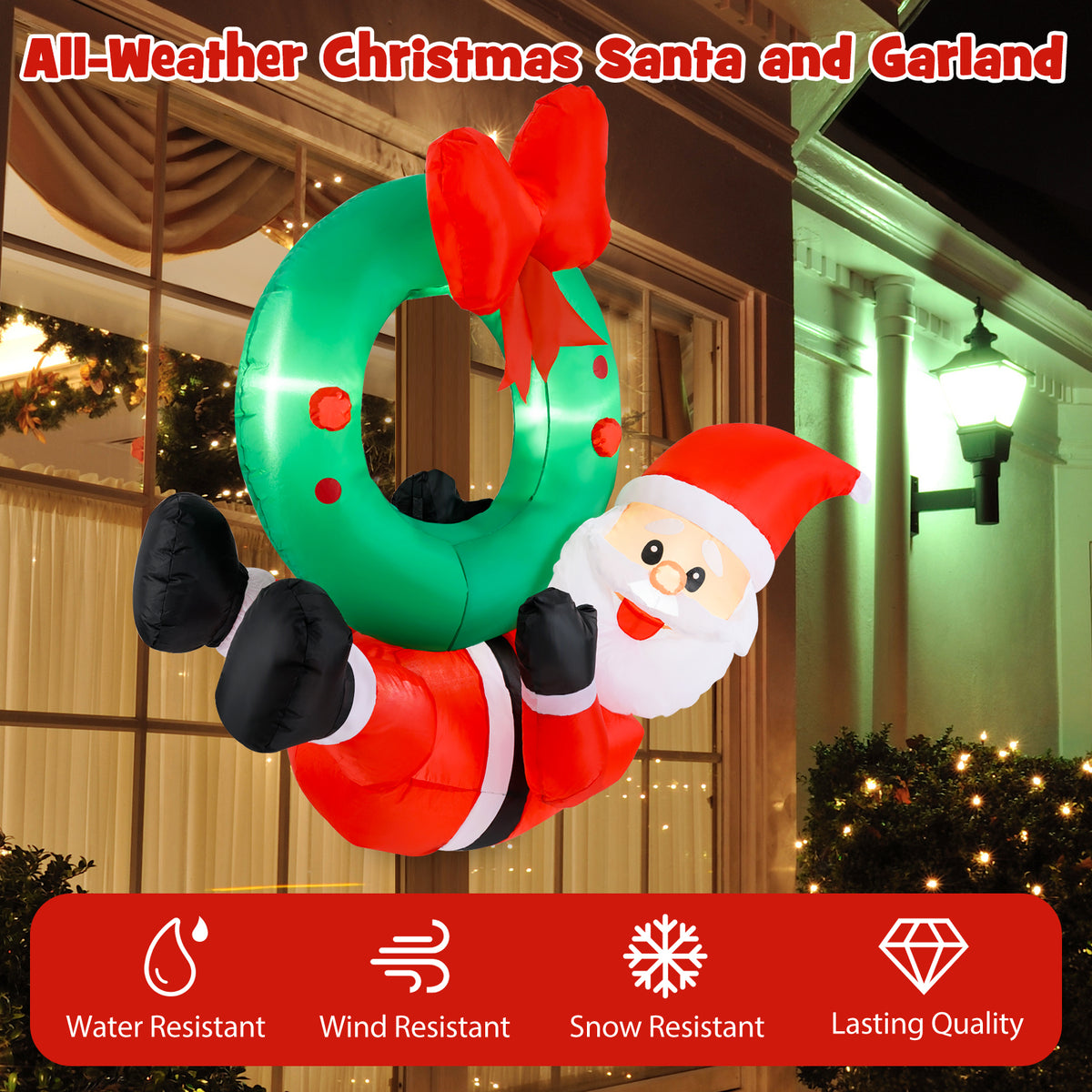 120 CM Inflatable Santa Claus Wreath, Christmas Pre-Lit Santa & Wreath w/ Red Bow & 5 LED Lights