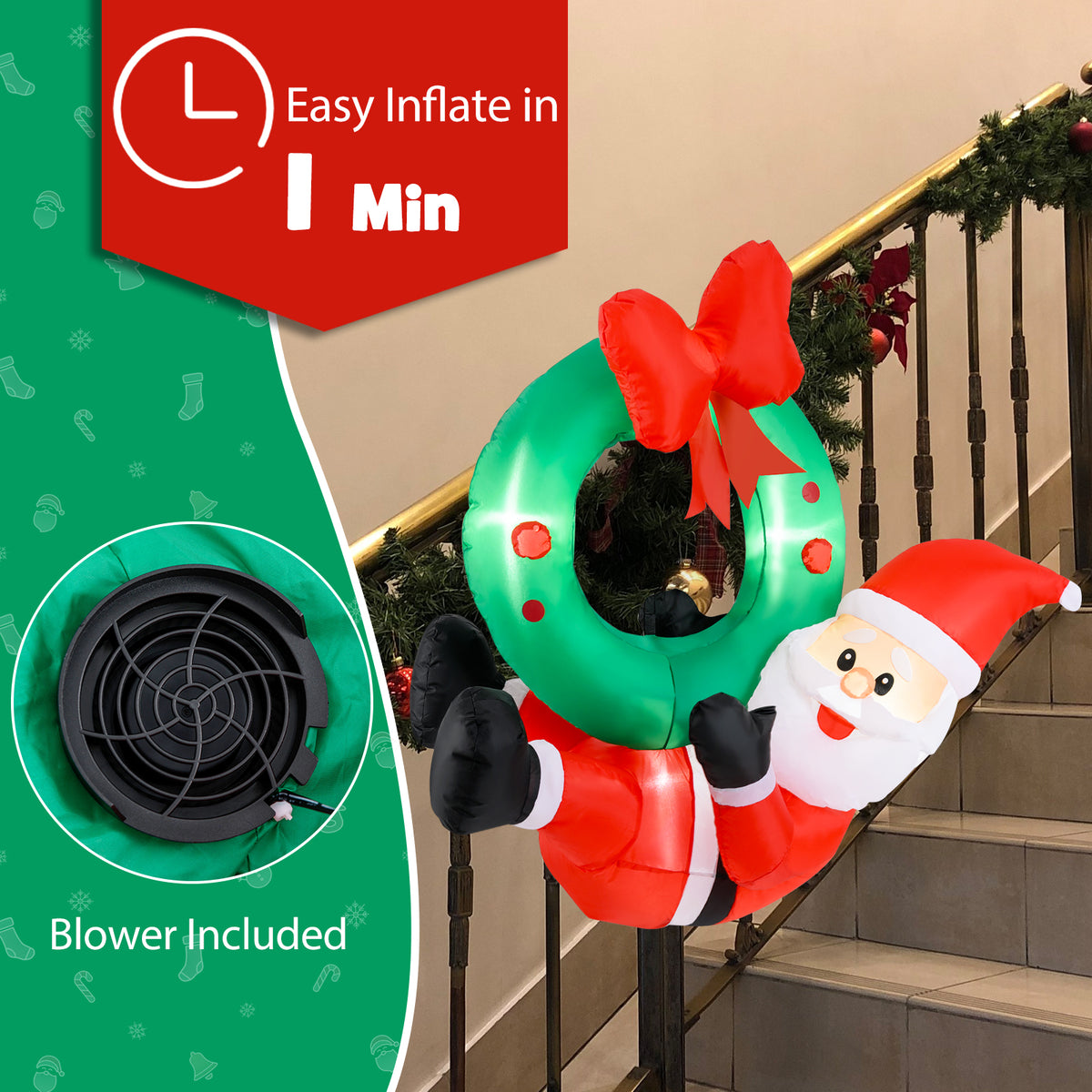 120 CM Inflatable Santa Claus Wreath, Christmas Pre-Lit Santa & Wreath w/ Red Bow & 5 LED Lights
