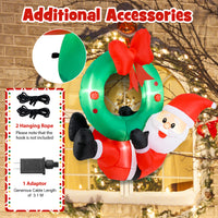 120 CM Inflatable Santa Claus Wreath, Christmas Pre-Lit Santa & Wreath w/ Red Bow & 5 LED Lights