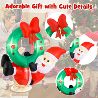 120 CM Inflatable Santa Claus Wreath, Christmas Pre-Lit Santa & Wreath w/ Red Bow & 5 LED Lights