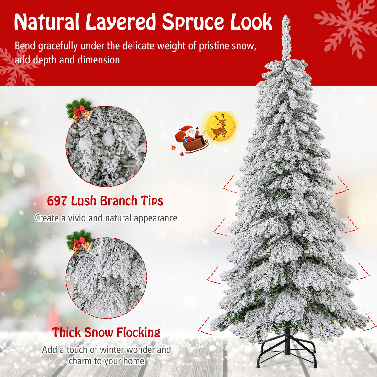 1.8M Pre-Lit Xmas Snowy Tree w/697 Branches 3 Lighting Modes&4 Brightness Levels