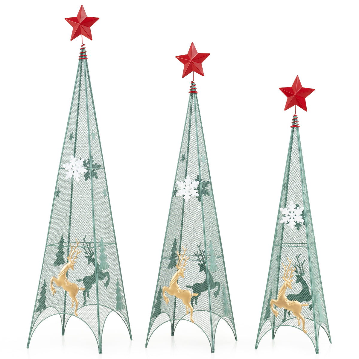 Set of 3 Tower Shaped Christmas Trees, Artificial Xmas Metal Trees with Removable Star Toppers