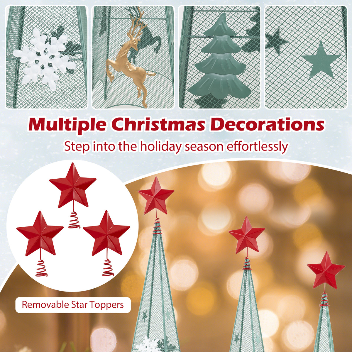 Set of 3 Tower Shaped Christmas Trees, Artificial Xmas Metal Trees with Removable Star Toppers