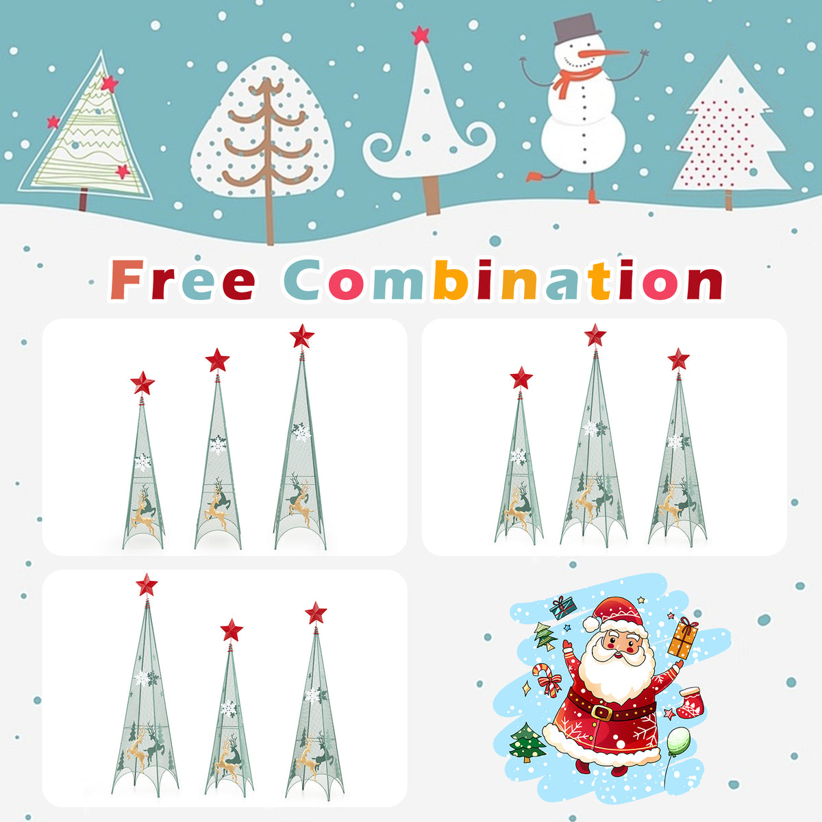 Set of 3 Tower Shaped Christmas Trees, Artificial Xmas Metal Trees with Removable Star Toppers