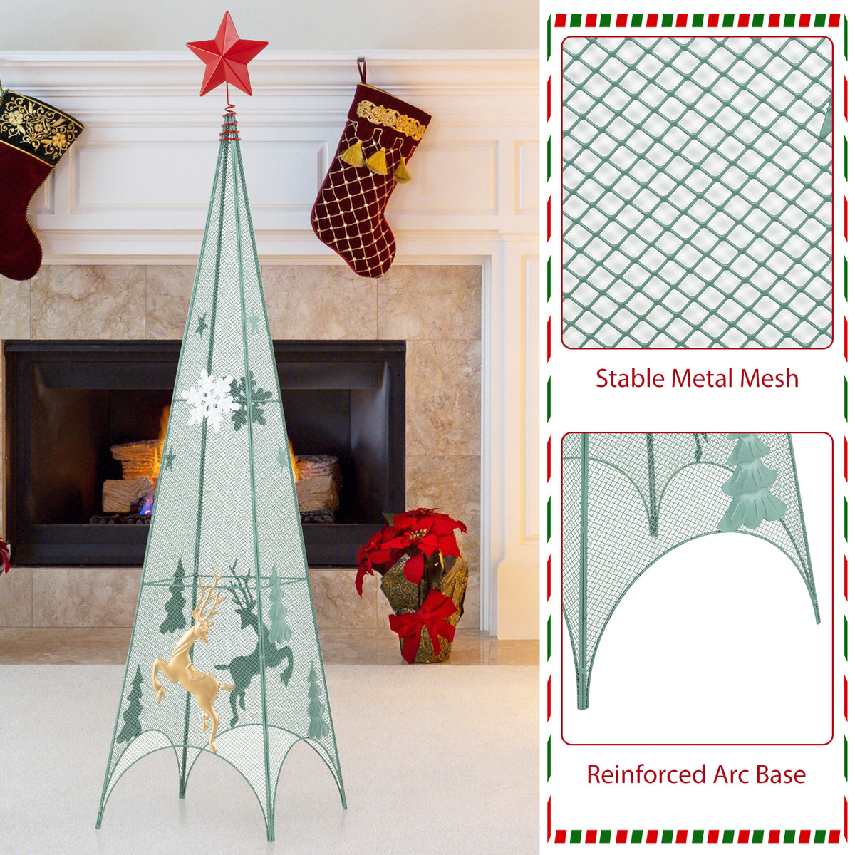 Set of 3 Tower Shaped Christmas Trees, Artificial Xmas Metal Trees with Removable Star Toppers