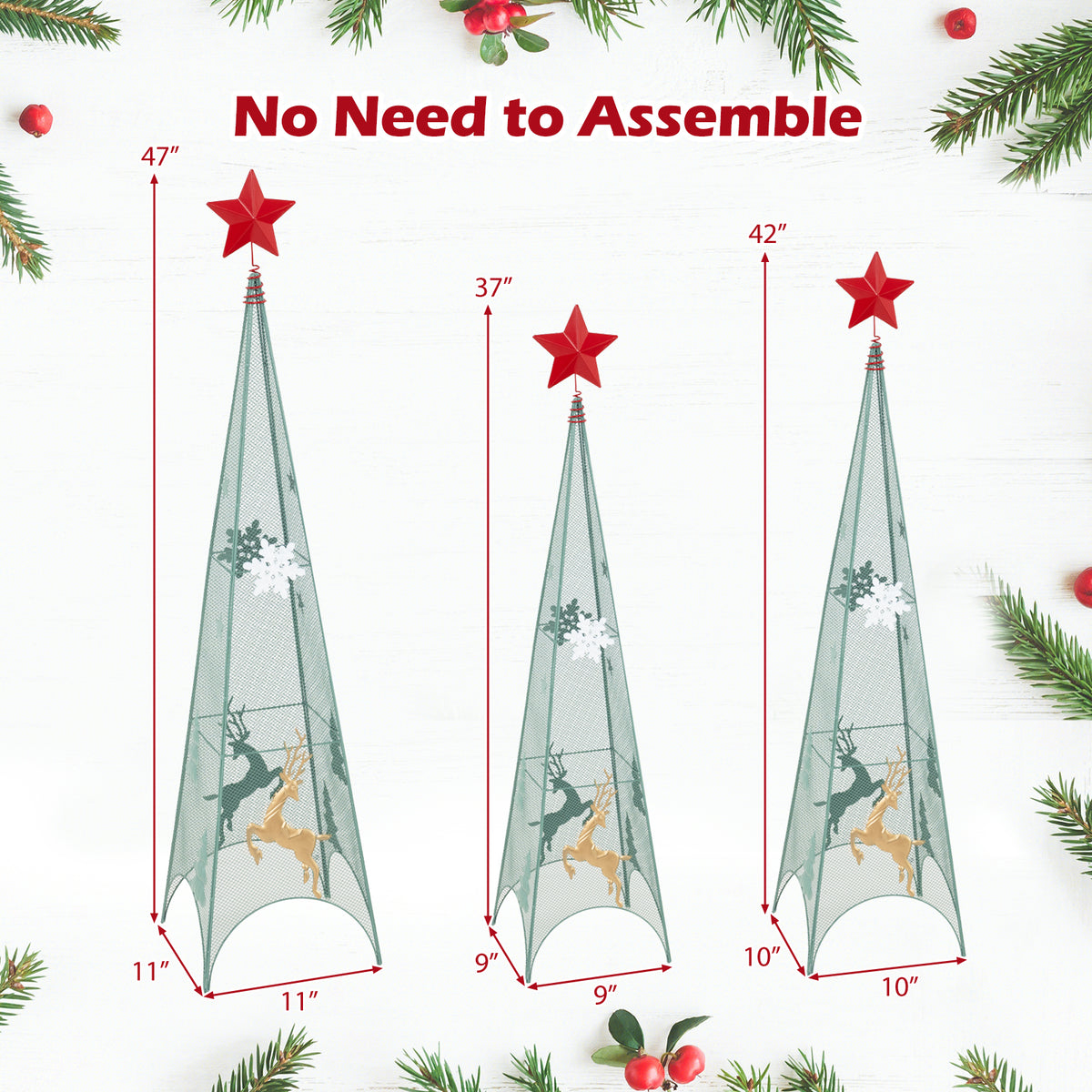 Set of 3 Tower Shaped Christmas Trees, Artificial Xmas Metal Trees with Removable Star Toppers