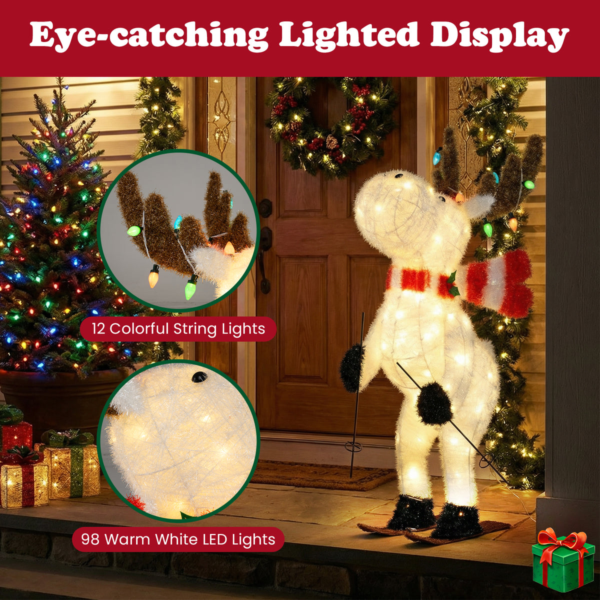 111 CM Animated Christmas Reindeer with 12 Colorful Lights and Ground Stakes