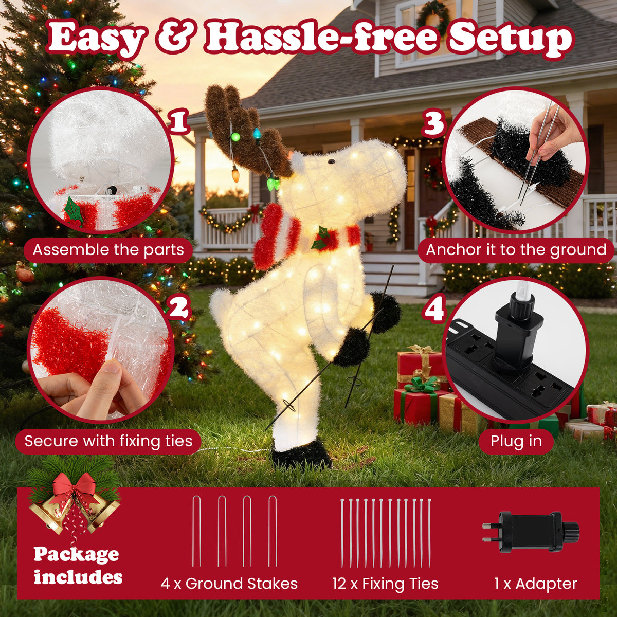 111 CM Animated Christmas Reindeer with 12 Colorful Lights and Ground Stakes