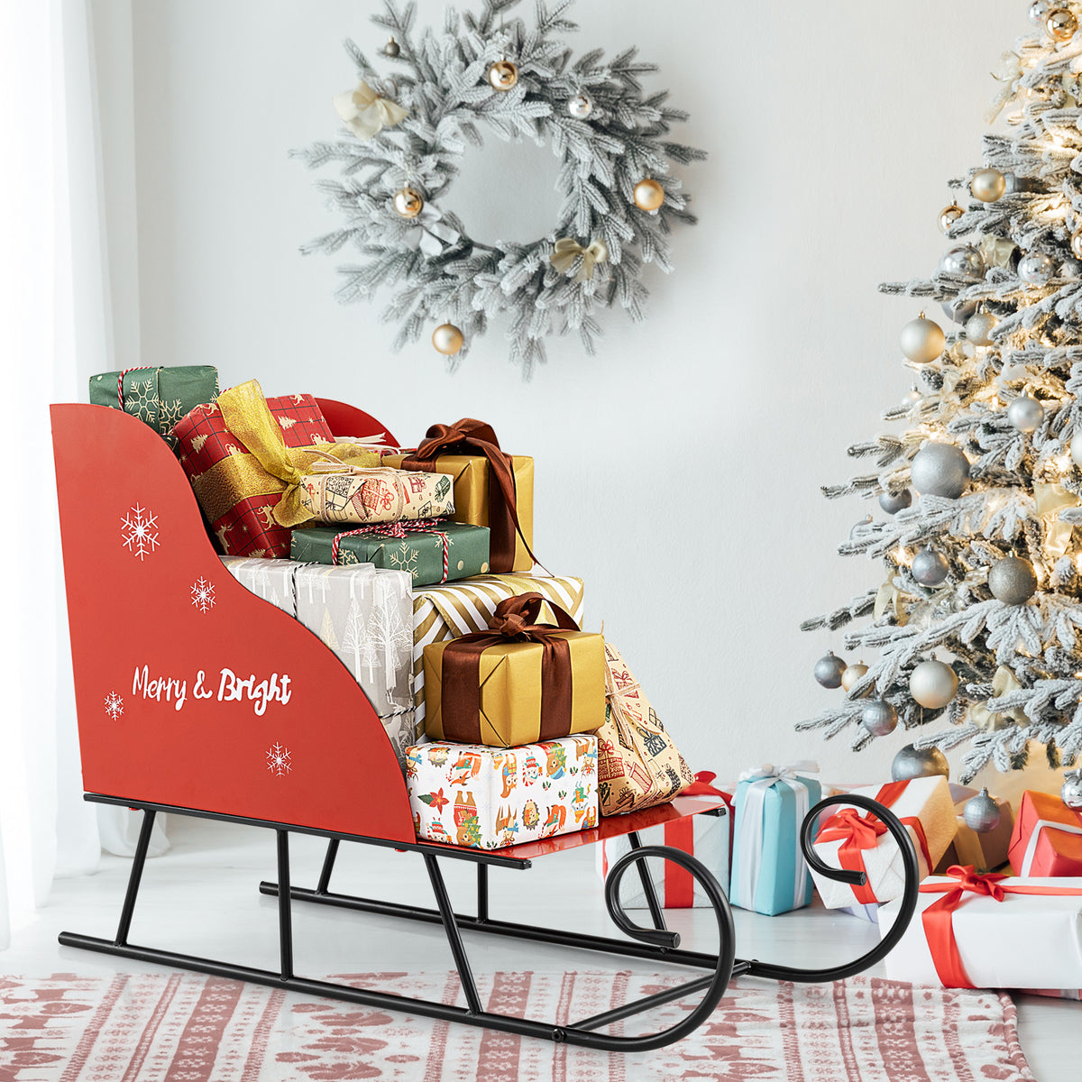 Metal Christmas Santa Sleigh Basket, Xmas Santa's Gift Storage Sleigh
