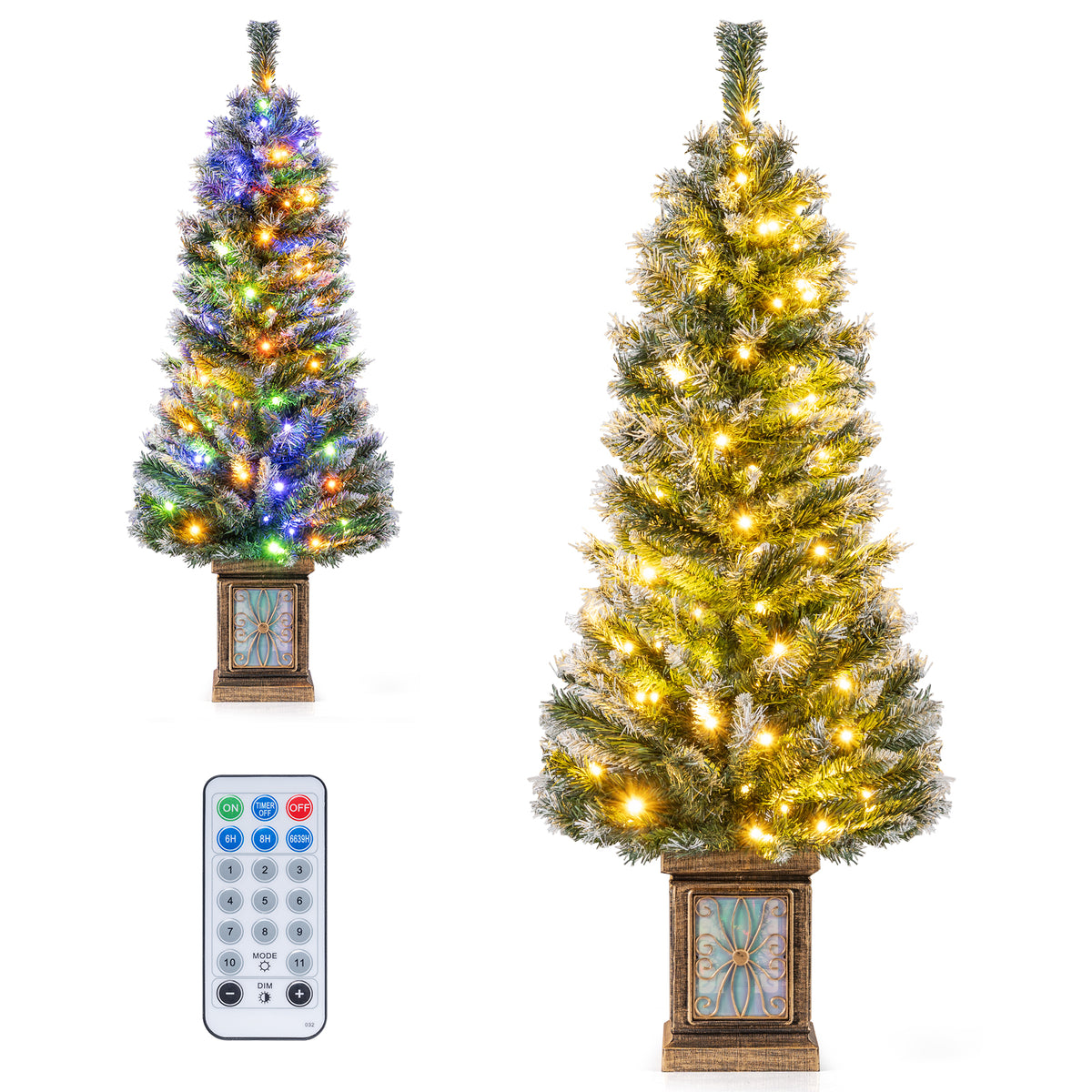 120cm Pre-lit Artificial Christmas Trees, Potted Xmas Tree w/ 80 Dimmable Warm White & Multi-colored LED Lights