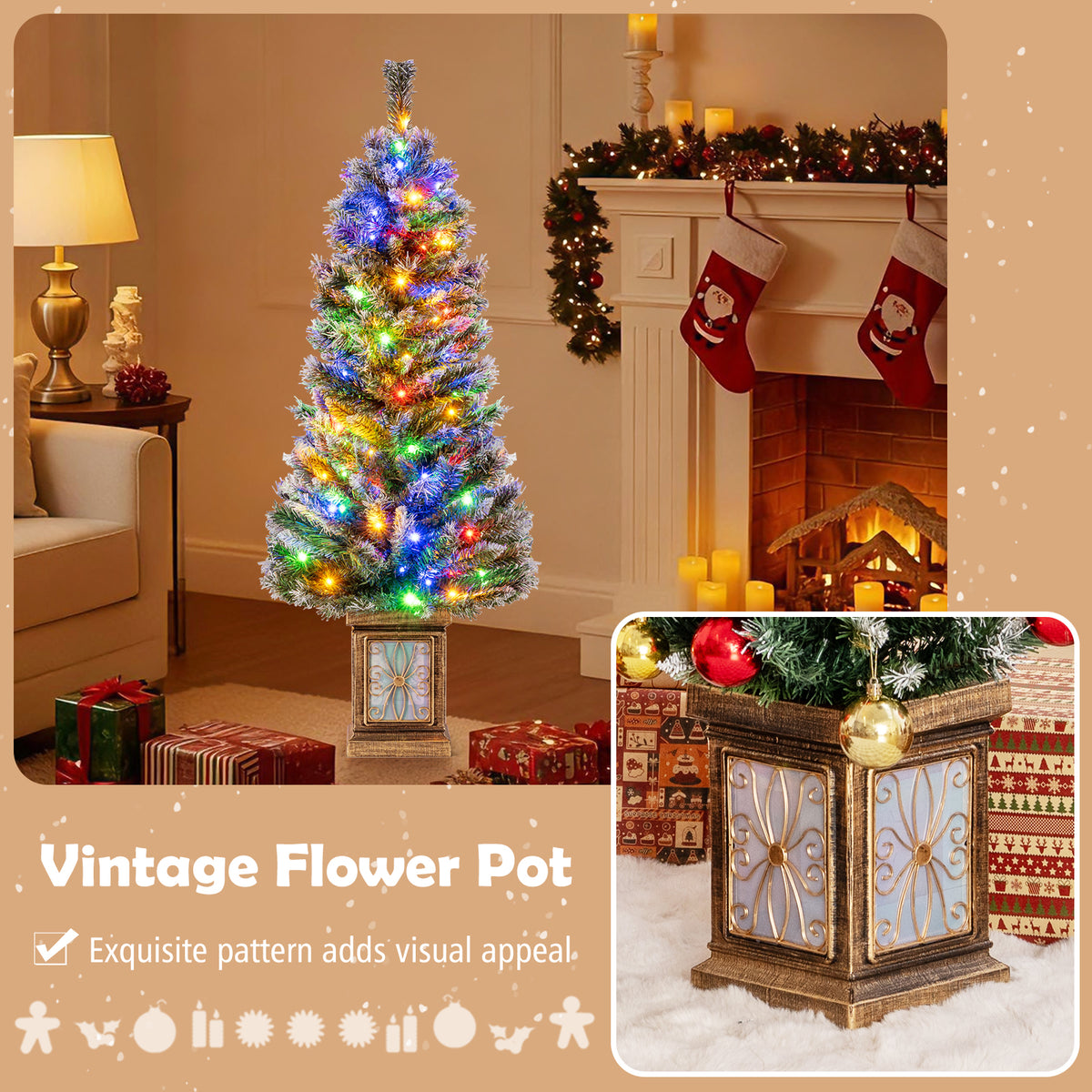 120cm Pre-lit Artificial Christmas Trees, Potted Xmas Tree w/ 80 Dimmable Warm White & Multi-colored LED Lights