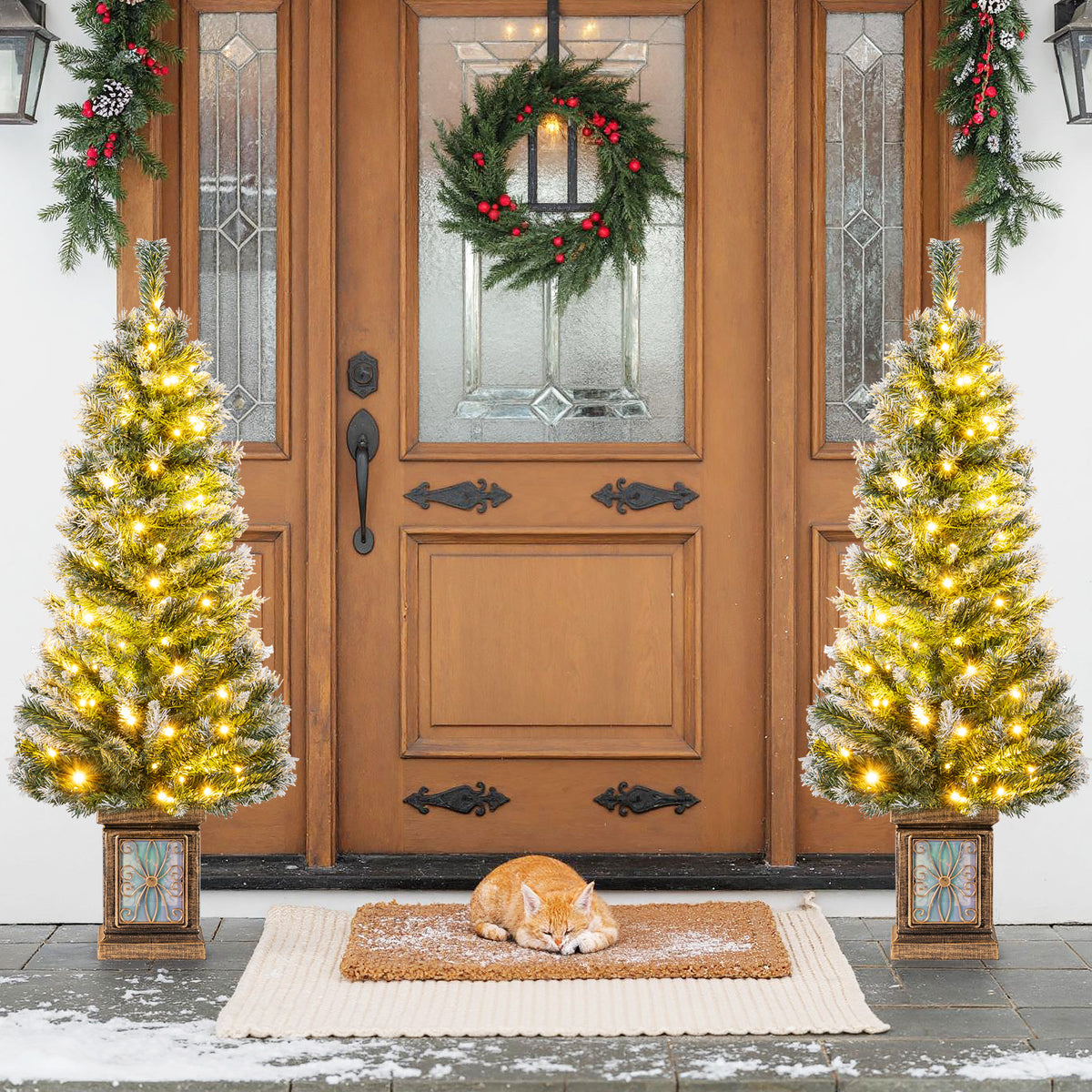 120cm Pre-lit Artificial Christmas Trees, Potted Xmas Tree w/ 80 Dimmable Warm White & Multi-colored LED Lights