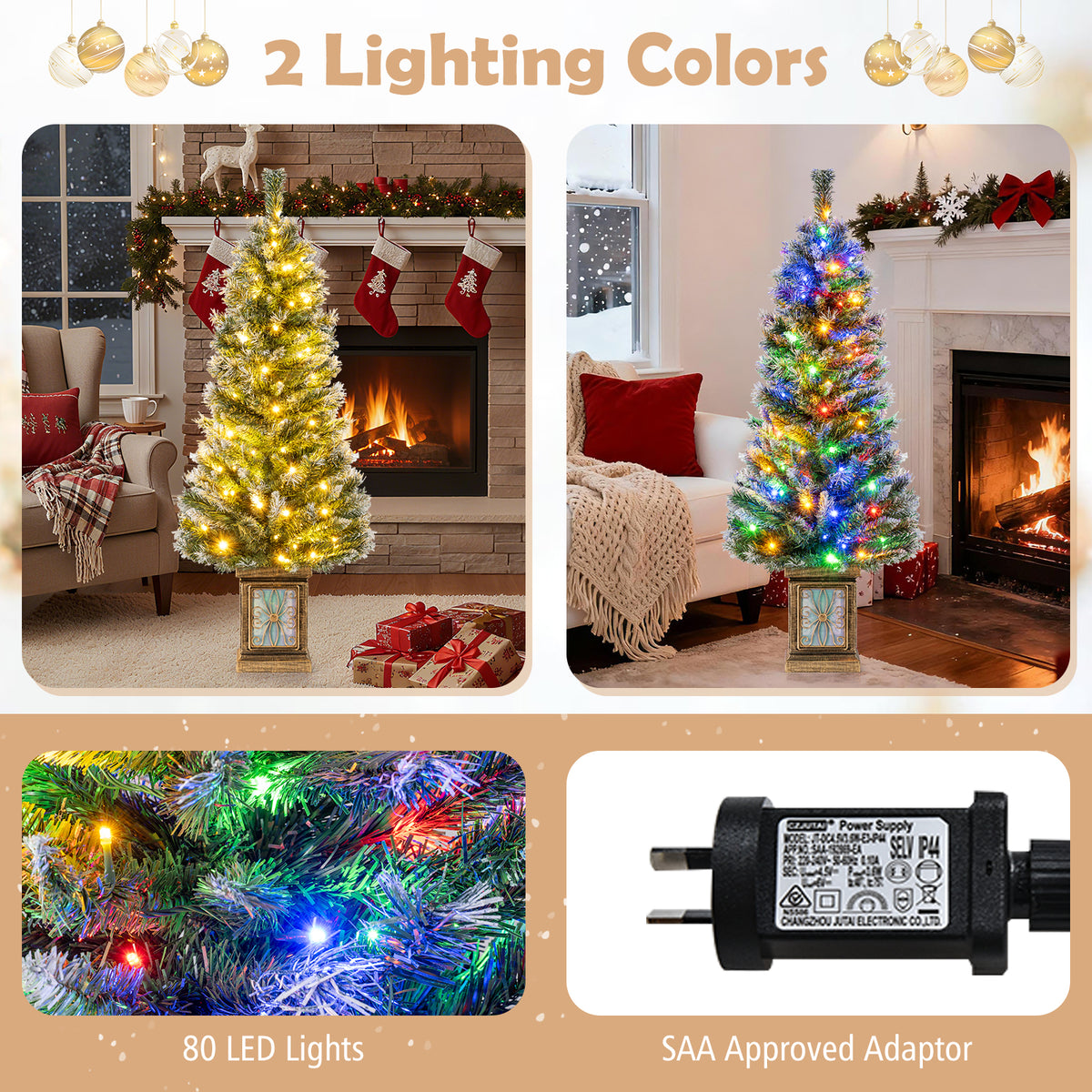 120cm Pre-lit Artificial Christmas Trees, Potted Xmas Tree w/ 80 Dimmable Warm White & Multi-colored LED Lights