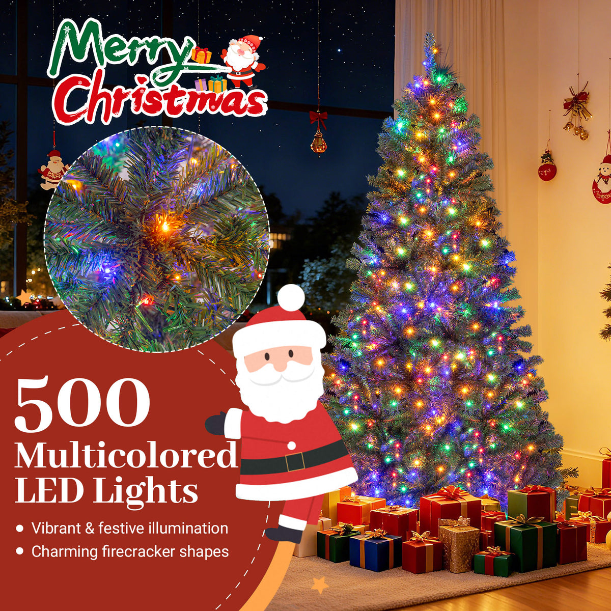 180/210 CM Pre-Lit Artificial Christmas Tree with Multicolored LED Lights and Foldable Metal Stand