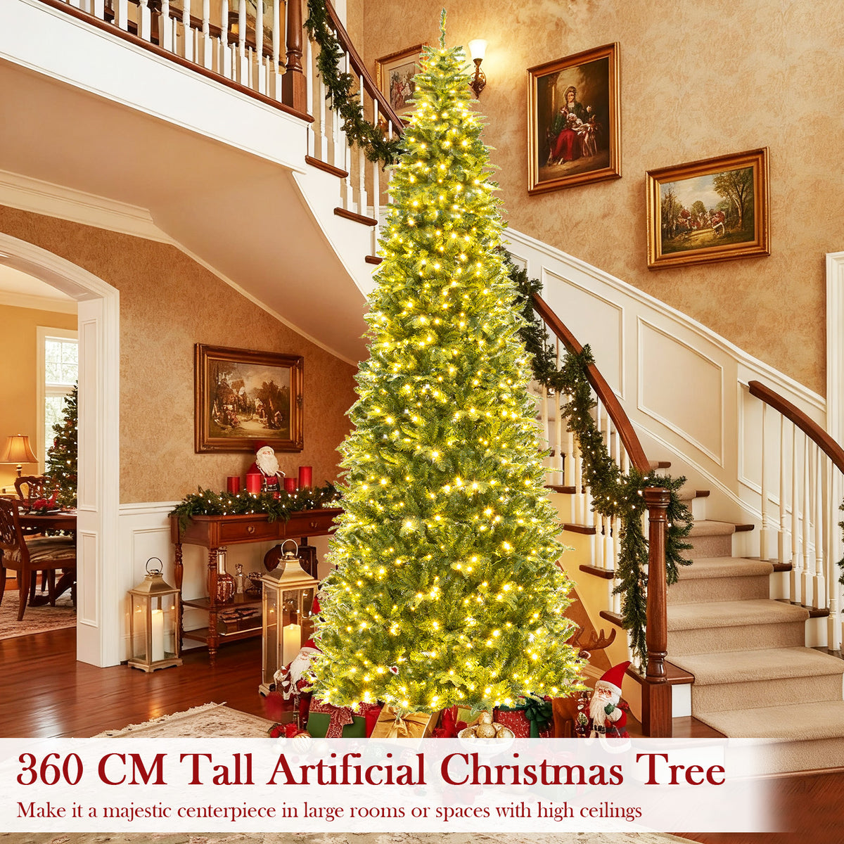 3.6M Tall Prelit Hinged Artificial Christmas Tree with 2517 PVC PE Branch Tips and 8 Expansion Screws