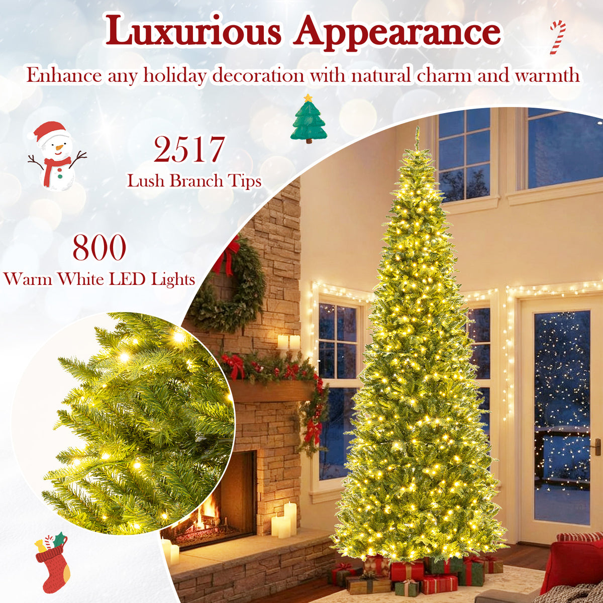 3.6M Tall Prelit Hinged Artificial Christmas Tree with 2517 PVC PE Branch Tips and 8 Expansion Screws