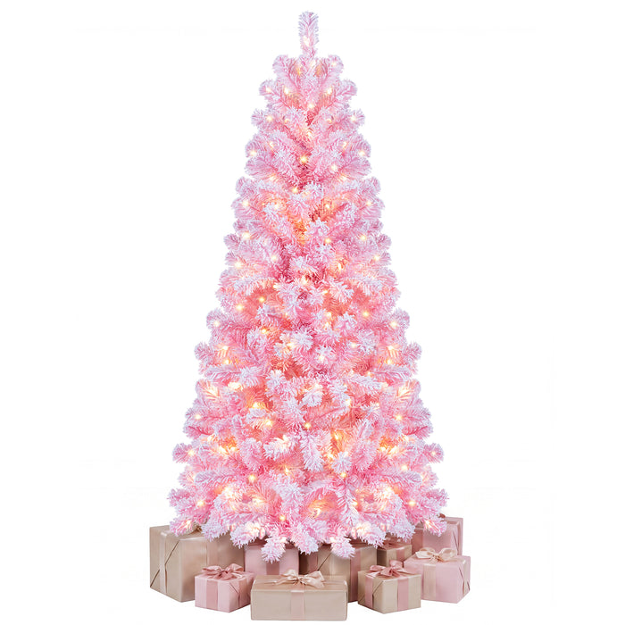 150/180/210cm Flocked Fir Christmas Tree with 432/570/738 Full Branch Tips and Warm White LED Lights
