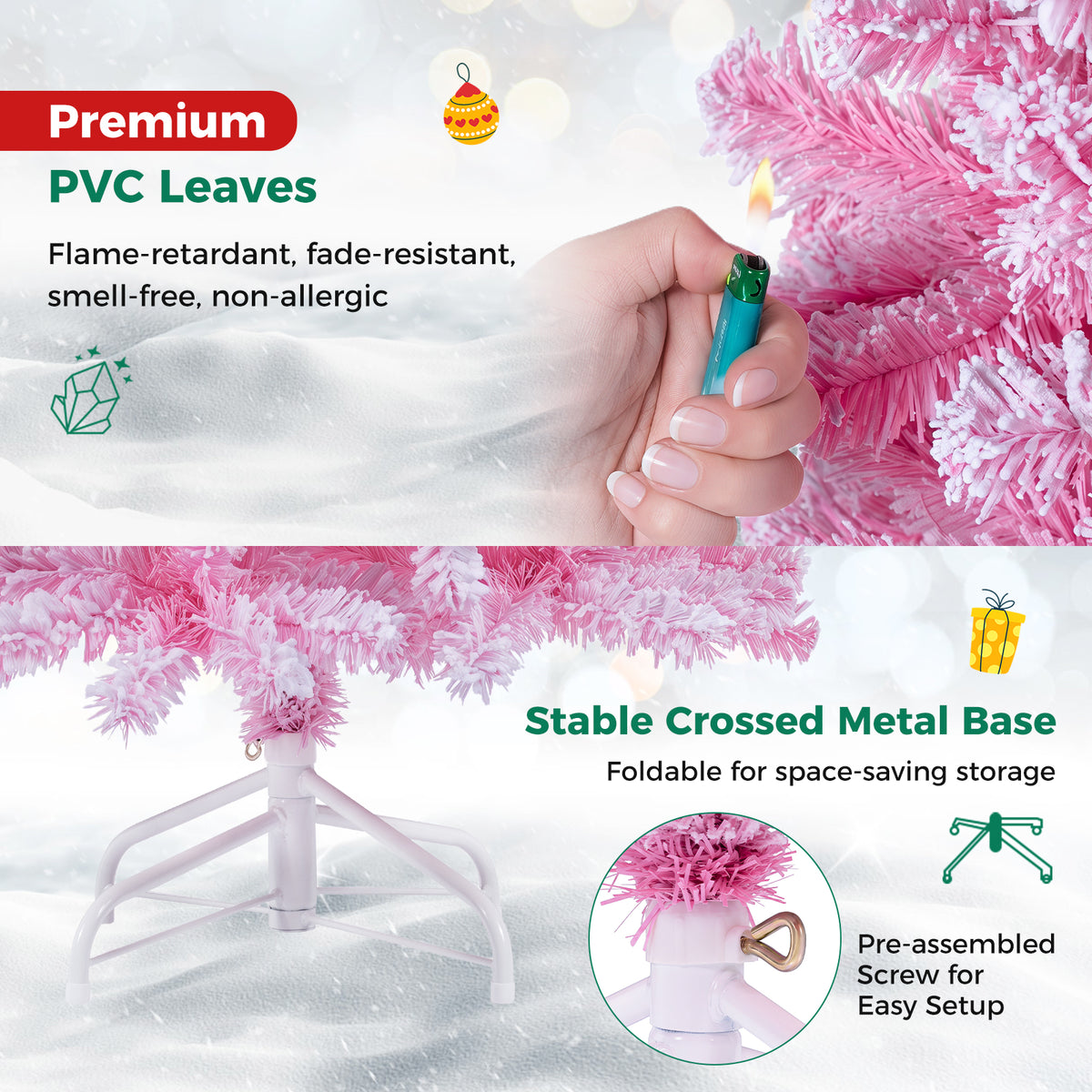 150/180/210cm Flocked Fir Christmas Tree with 432/570/738 Full Branch Tips and Warm White LED Lights