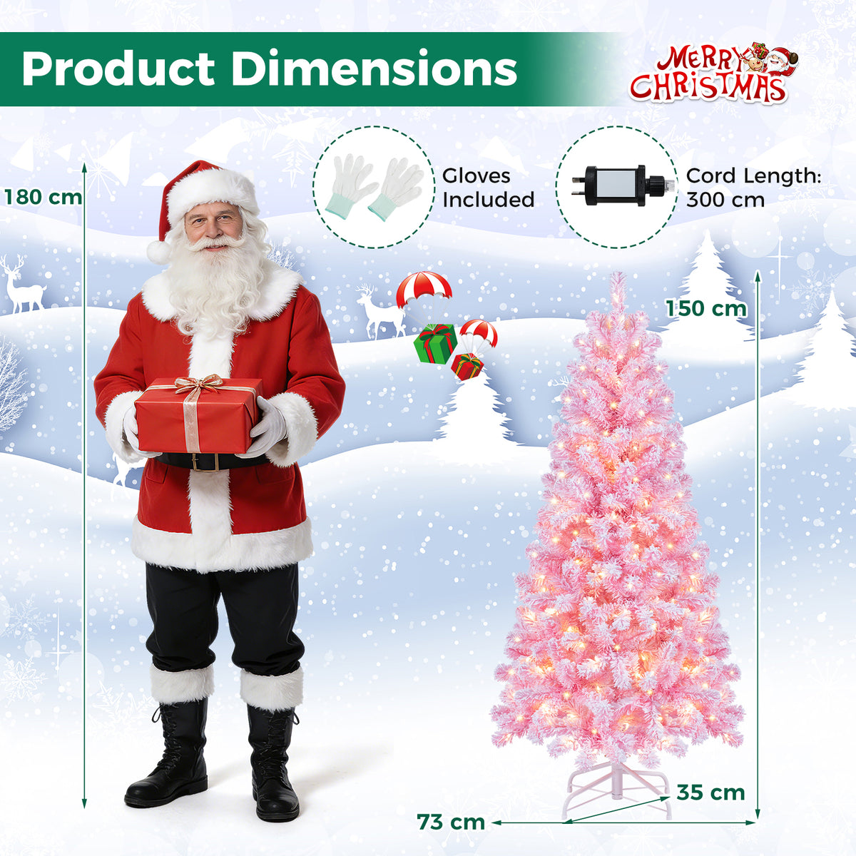 150/180/210cm Flocked Fir Christmas Tree with 432/570/738 Full Branch Tips and Warm White LED Lights