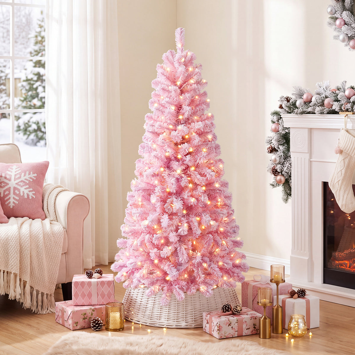 150/180/210cm Flocked Fir Christmas Tree with 432/570/738 Full Branch Tips and Warm White LED Lights