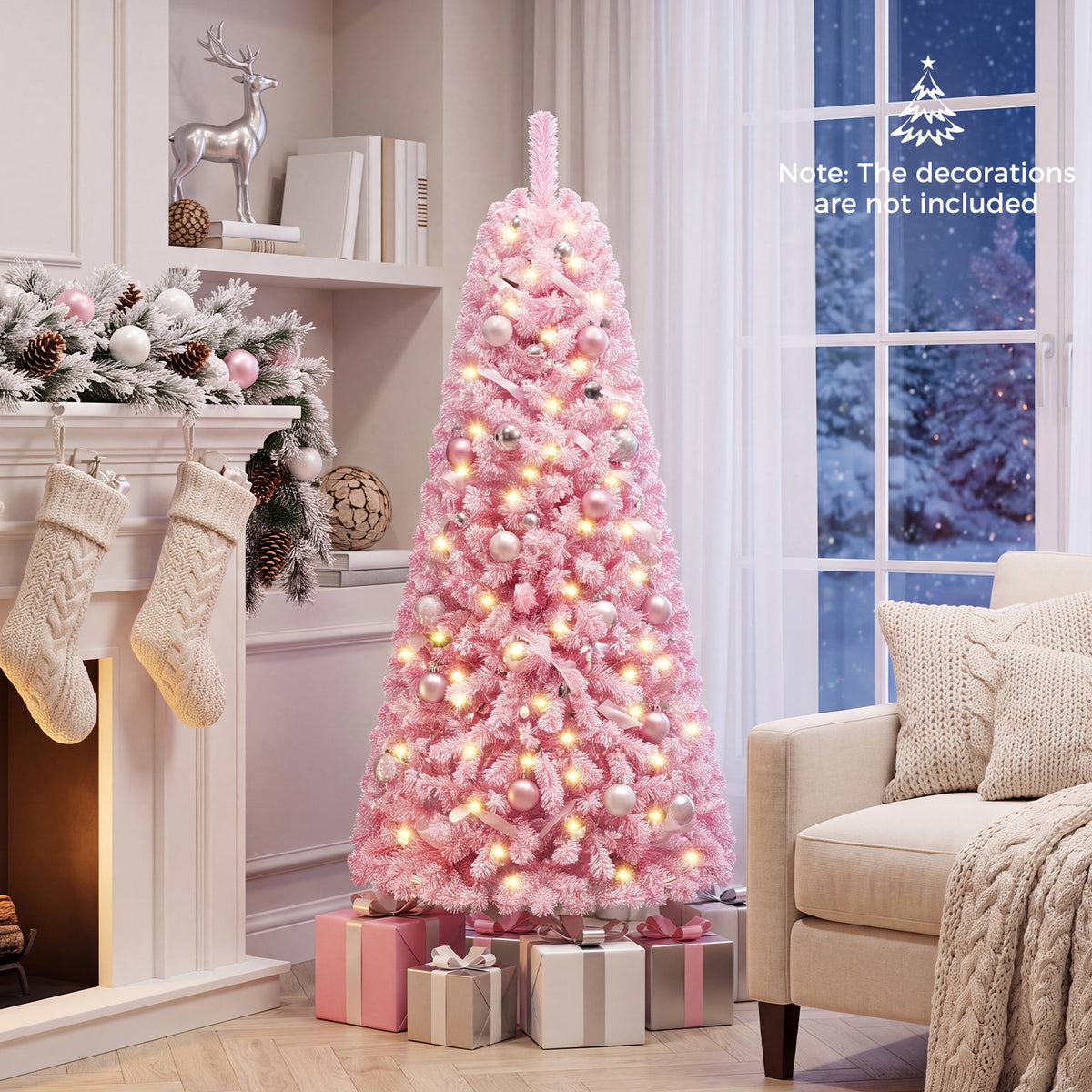 150/180/210cm Flocked Fir Christmas Tree with 432/570/738 Full Branch Tips and Warm White LED Lights