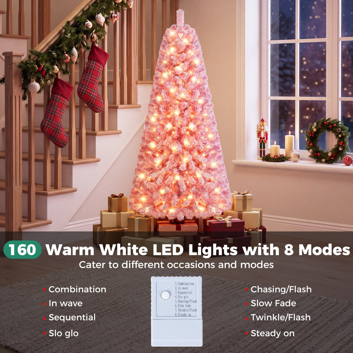 150/180/210cm Flocked Fir Christmas Tree with 432/570/738 Full Branch Tips and Warm White LED Lights