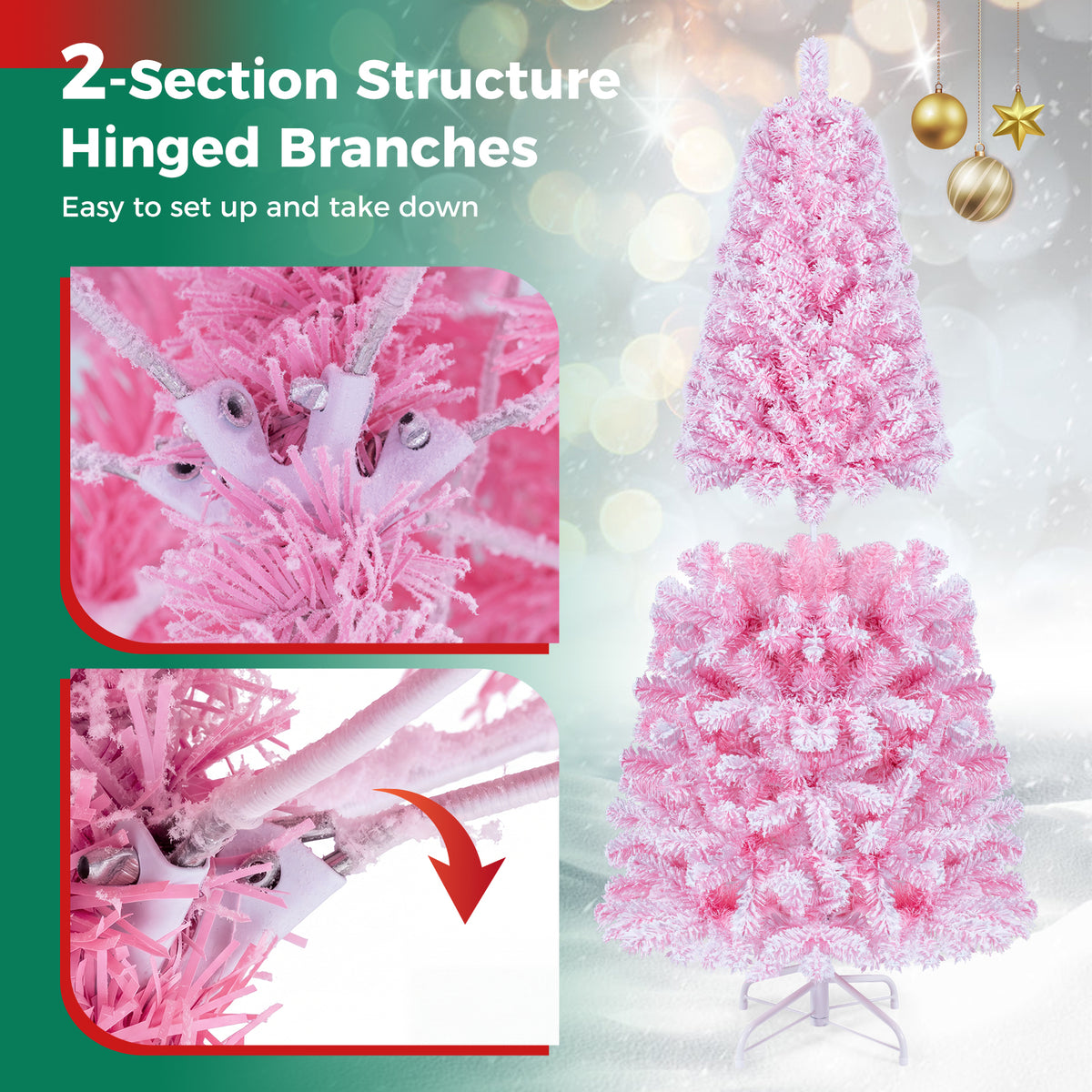 150/180/210cm Flocked Fir Christmas Tree with 432/570/738 Full Branch Tips and Warm White LED Lights