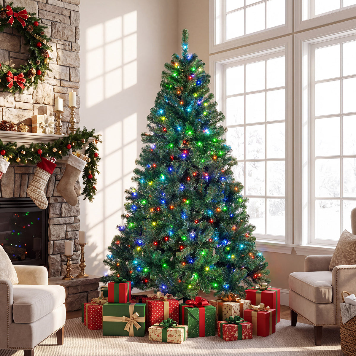 225/180cm Pre-lit Christmas Tree with 1542/1072 Branch Tips and 450/300 Multifunctional RGB Lights