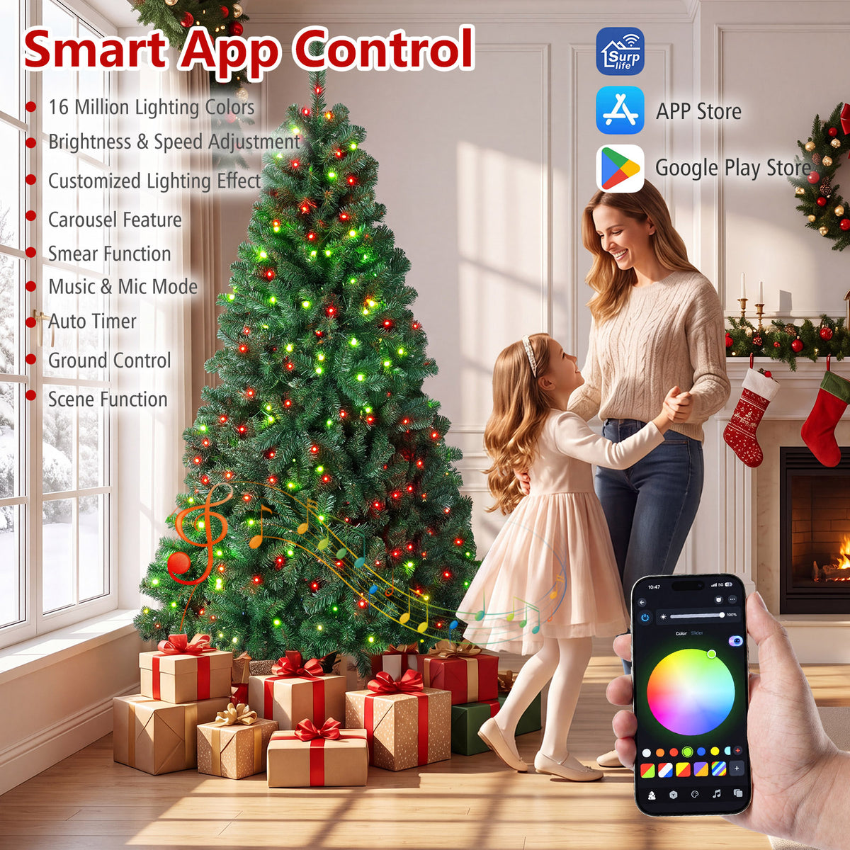 225/180cm Pre-lit Christmas Tree with 1542/1072 Branch Tips and 450/300 Multifunctional RGB Lights