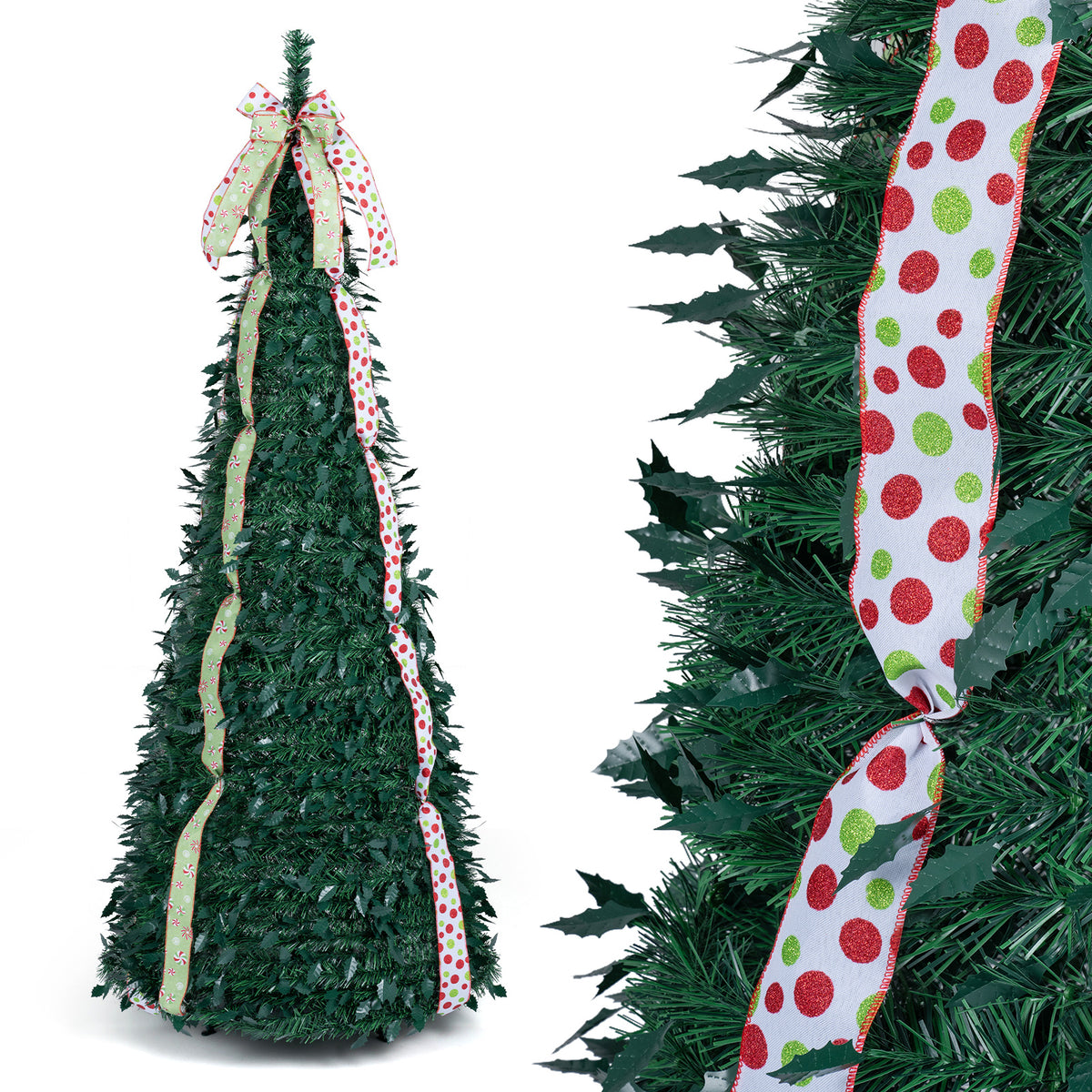 1.8M/2.1M Artificial Christmas Tree with Tree Topper Bow and 4 Ribbons