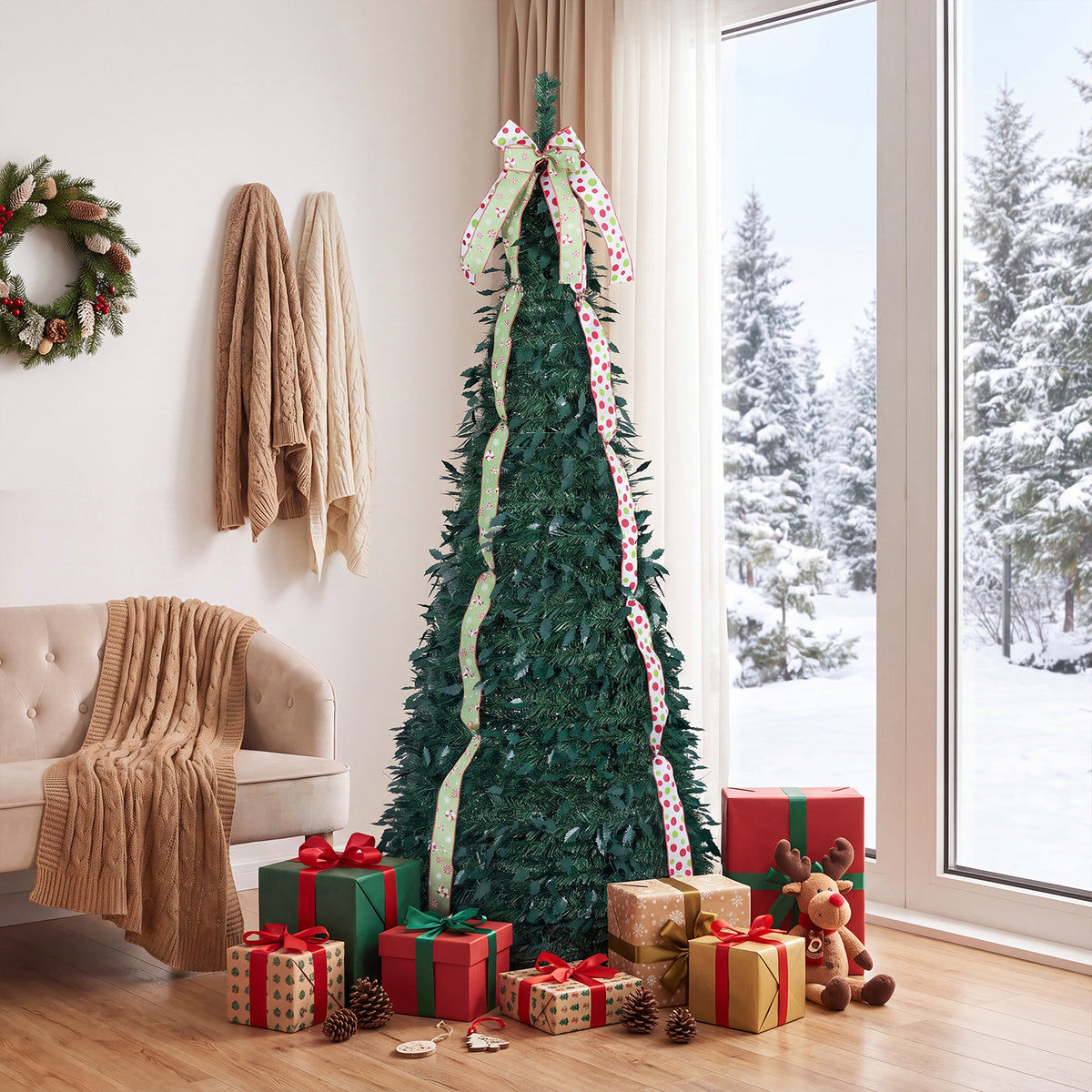 1.8M/2.1M Artificial Christmas Tree with Tree Topper Bow and 4 Ribbons