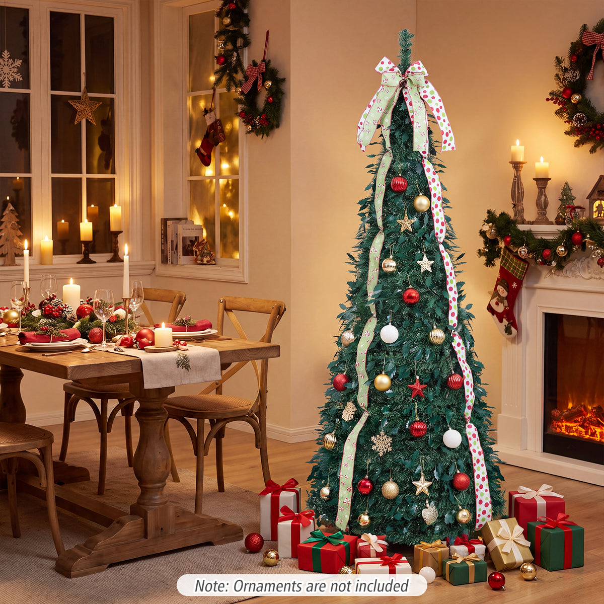 1.8M/2.1M Artificial Christmas Tree with Tree Topper Bow and 4 Ribbons