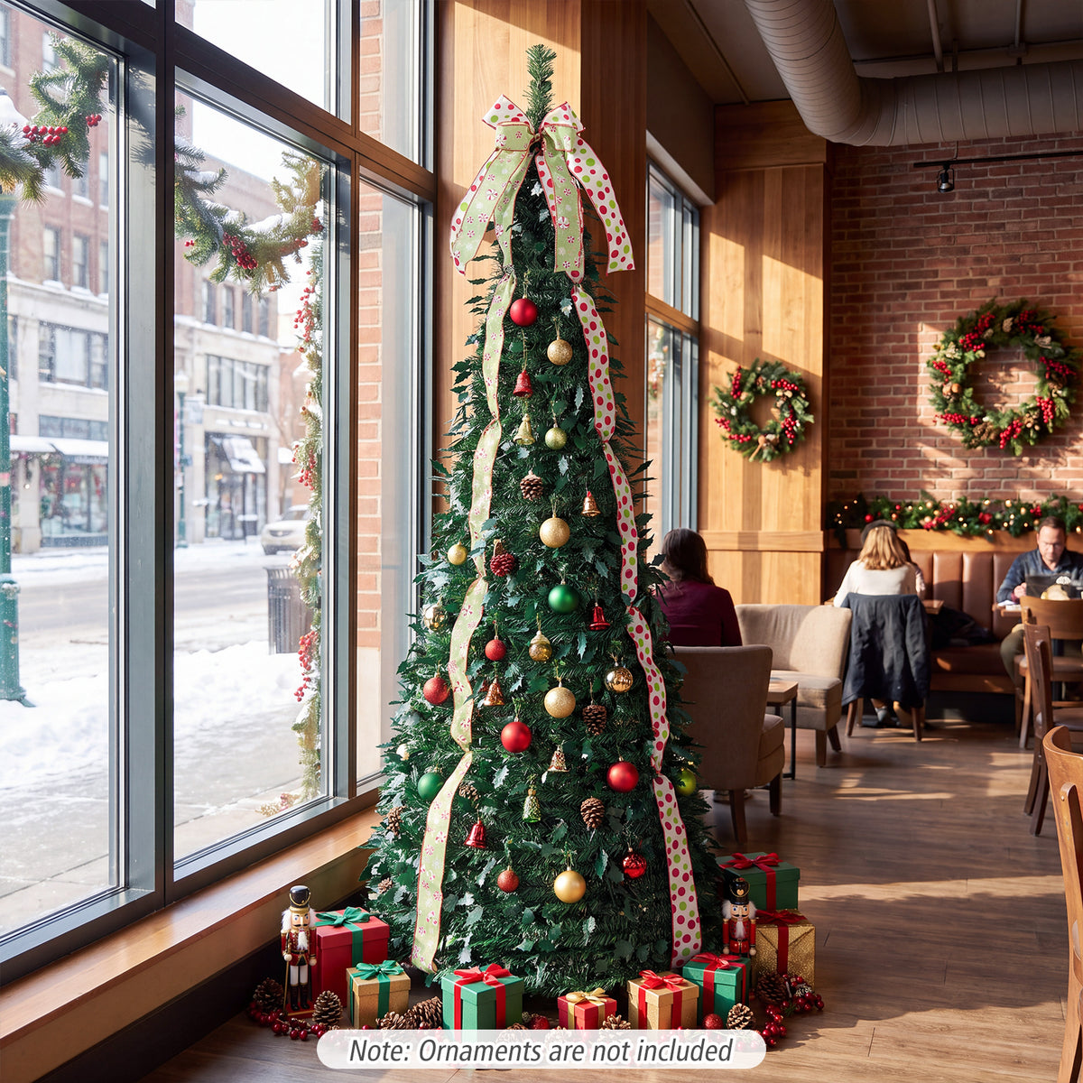 1.8M/2.1M Artificial Christmas Tree with Tree Topper Bow and 4 Ribbons